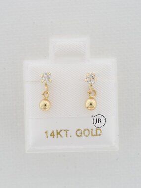 14K Solid Gold Dangle Drop Earrings • Cubic Zirconia Studs with Hanging Ball